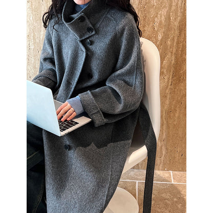 Korean high-end stand-up collar double-sided woolen coat women's medium and long style
