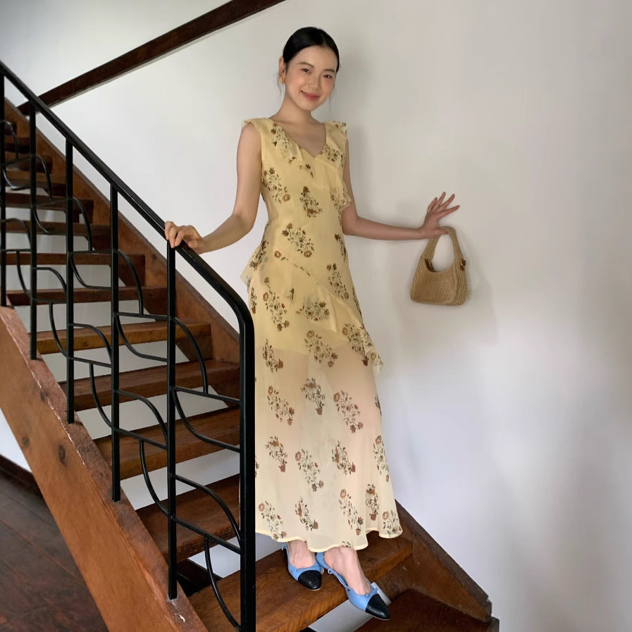 Elegant temperament ruffle floral sleeveless dress