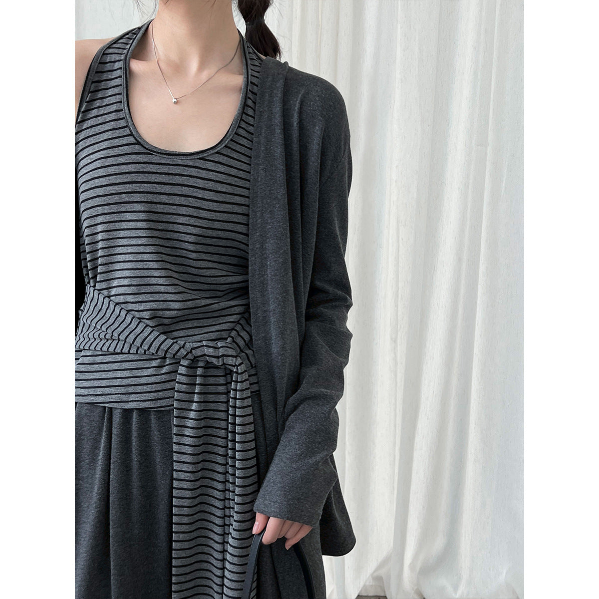 Striped neck vest + shawl cardigan + drape wide-leg pants women's 25 autumn new three-piece set