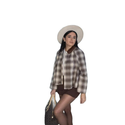 Women's autumn and winter fashion casual plaid top splicing contrasting color retro jacket jacket women
