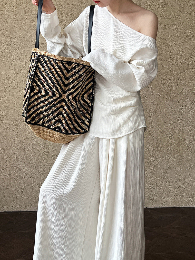 Lazy design asymmetrical one-shoulder waist pleated tops + loose pants women's spring two-piece set