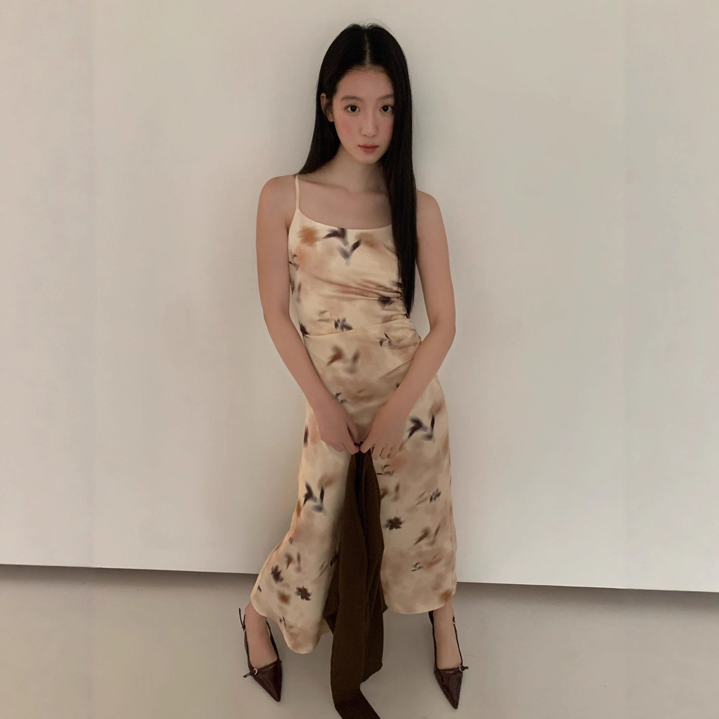 Slim temperament waist print suspender dress women
