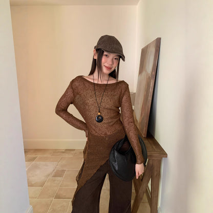 Autumn French pure desire wind hollowed-out slanted shoulder long-sleeved asymmetrical knitted sweater