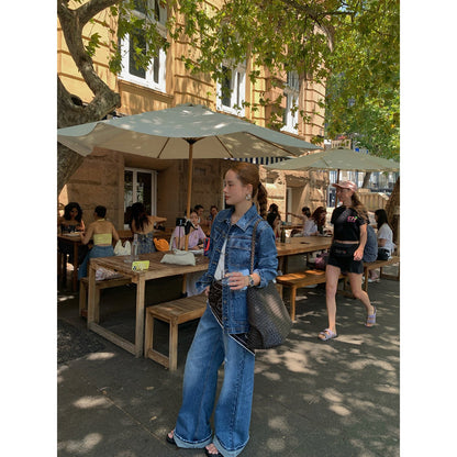 Early spring retro Hong Kong wind wash cotton high waist loose slightly pulled jeans