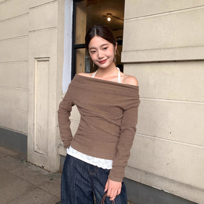 Lace neck off-the-shoulder knit top