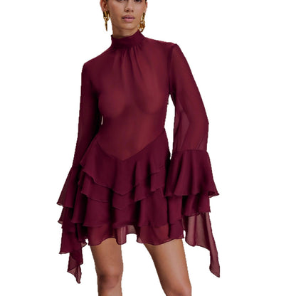 New vacation style horn sleeve cake short skirt ruffle edge sexy chiffon dress women
