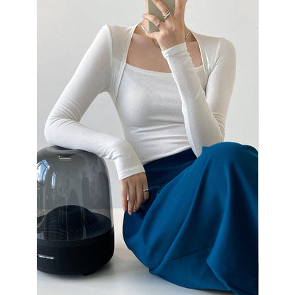 French pure desire long-sleeved square neck t-shirt women's slim and thin fake two-piece top autumn thin bottoming shirt