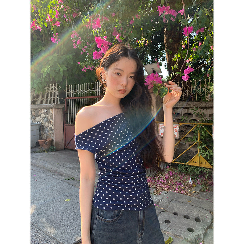 Early Spring Fashion Slim-Fit Women's T-Shirt Swinging Neck Polka Dot Sleeveless Top