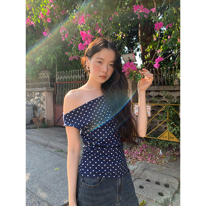 Early Spring Fashion Slim-Fit Women's T-Shirt Swinging Neck Polka Dot Sleeveless Top