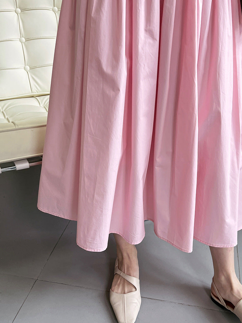 Pink high waist temperament design sense pleated big pendulum A-shaped skirt medium and long sweet umbrella skirt women