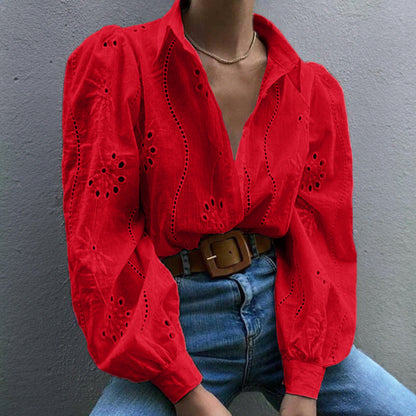 Lapel Long Sleeve Cardigan Women Regular Fit Puff Sleeve Hollow Blouse