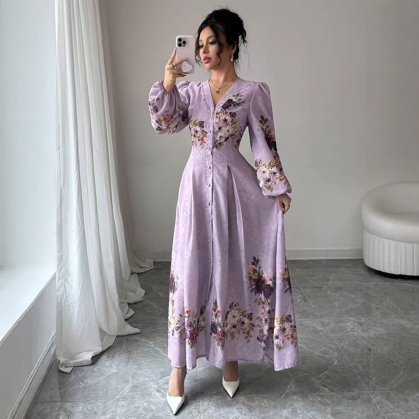 Autumn Ladies Elegant Floral Print V-Neck Button Front Split Lantern Sleeve Waist Vacation Dress