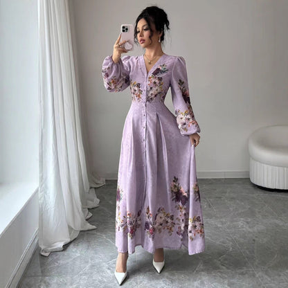 Autumn Ladies Elegant Floral Print V-Neck Button Front Split Lantern Sleeve Waist Vacation Dress