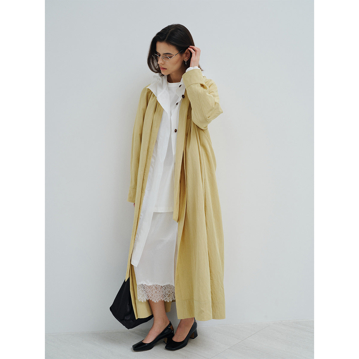 Spring commuting design sense Tencel streamer collar sense long trench coat