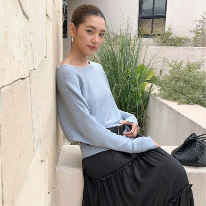 Temperament slanted shoulder knitted sweater women's spring soft waxy skin-friendly loose bat sleeve sweater