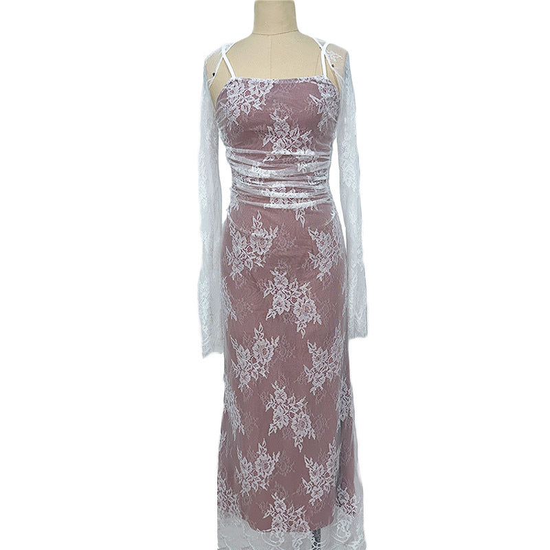 High-end light luxury evening dress suspender long-sleeved lace dress