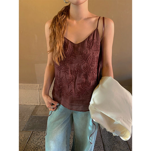 Elegant deep V-neck double-root inner embroidered sling vest