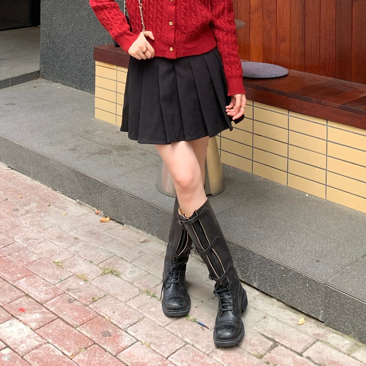 College retro thin a word high waist woolen pleated skirt