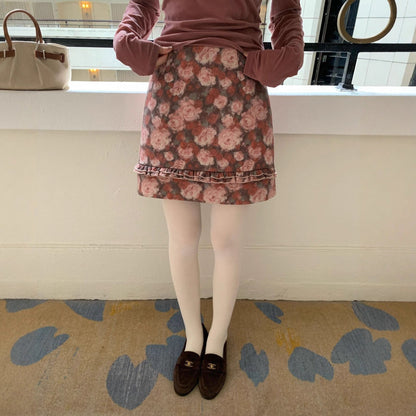 Romantic and sweet girly rose print A-line skirt
