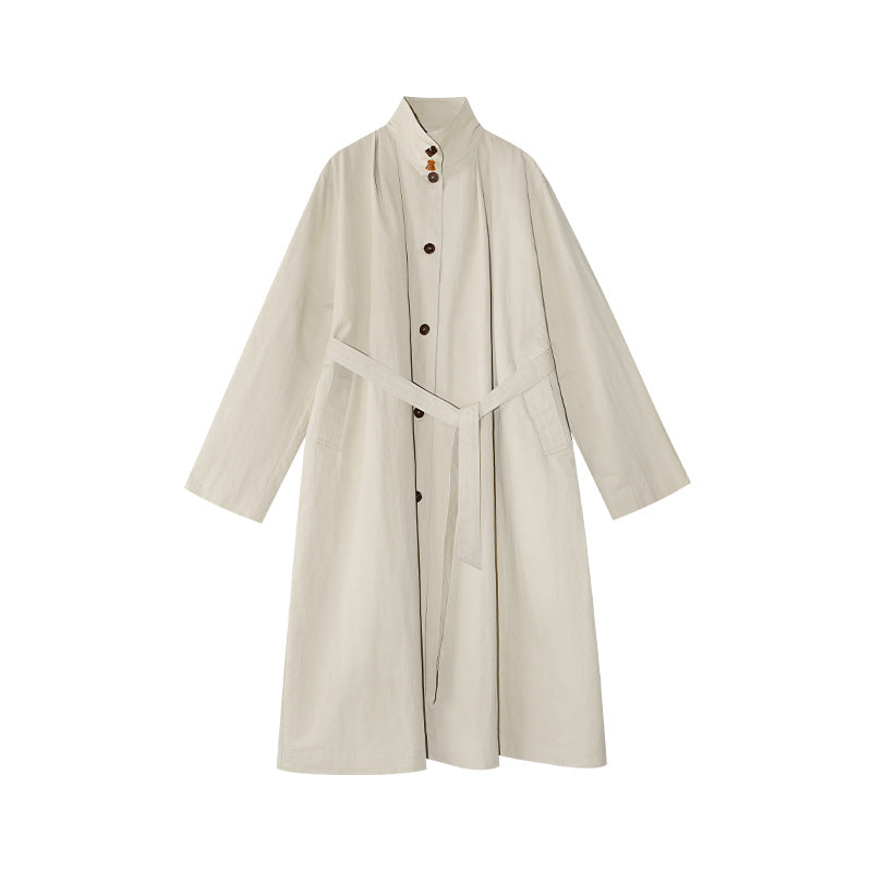 Women's Stand Collar Belted Waist Loose Long Trench Coat