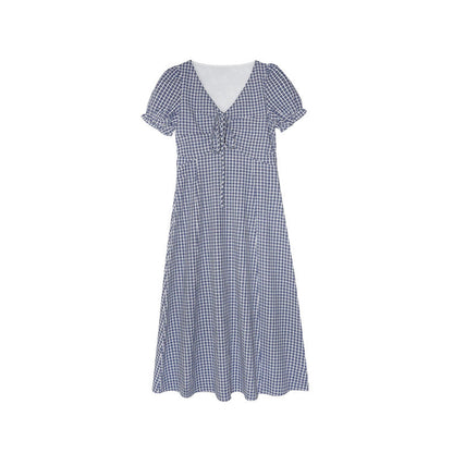 Gentle plaid v-neck high-waisted slim dress