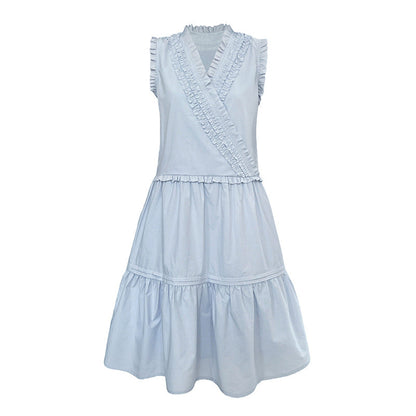 French oblique V-neck ruffle edge dress lace skirt women's spring new small fresh vest skirt