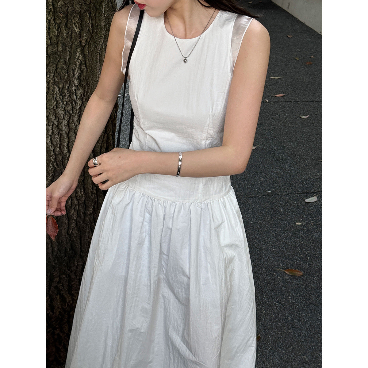French classic cuff color matching vest skirt spring new waist and thin sleeveless dress
