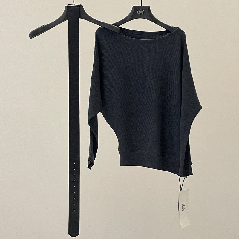Temperament slanted shoulder knitted sweater women's spring soft waxy skin-friendly loose bat sleeve sweater