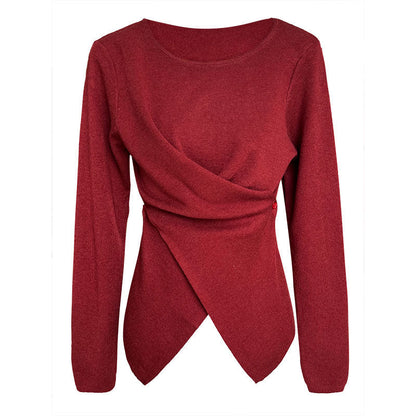 Korean wear early autumn top irregular hem cross waist bottoming knitted sweater women's sweater