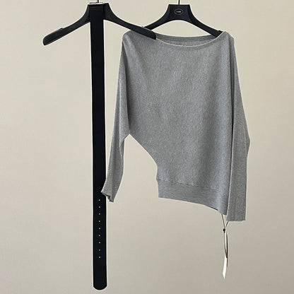 Temperament slanted shoulder knitted sweater women's spring soft waxy skin-friendly loose bat sleeve sweater