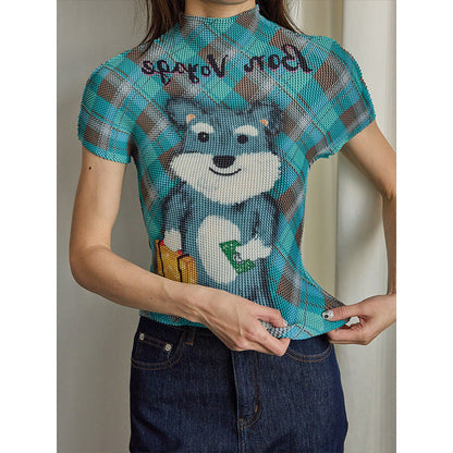 High Elasticity Fun Printing Flesh Cover Skinny Shoulder Short Sleeves