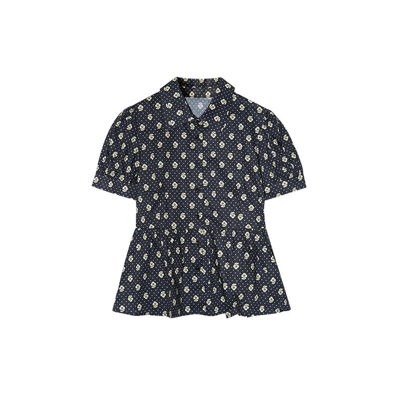 Floral Print Polo Collar Puff Sleeve Cotton Shirt