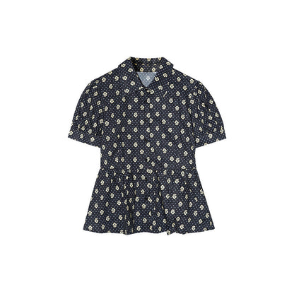 Floral Print Polo Collar Puff Sleeve Cotton Shirt
