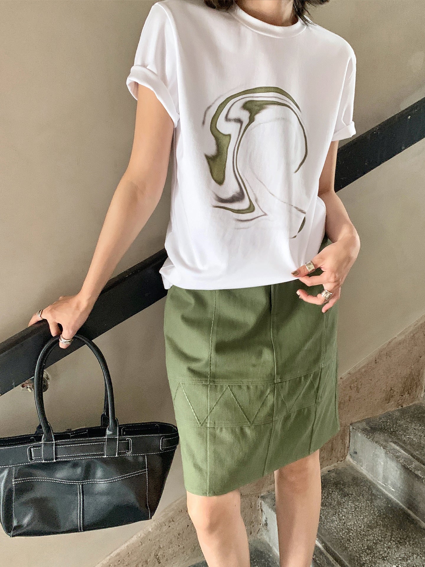 Tencel cotton ripple print short-sleeved T-shirt