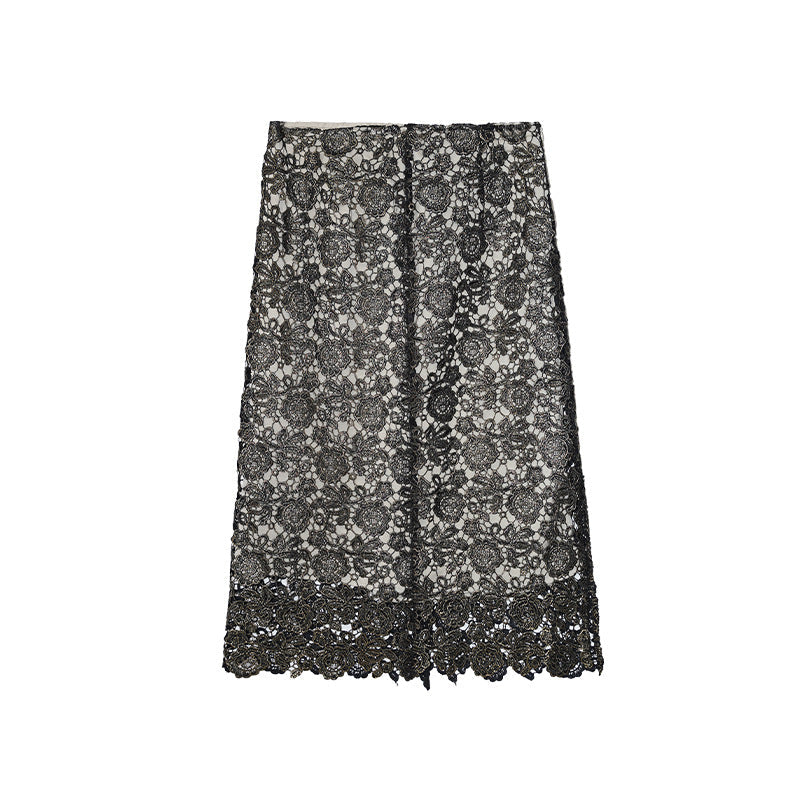Early spring French celebrity stunning high waist temperament hollow lace skirt