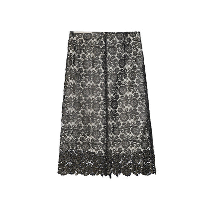 Early spring French celebrity stunning high waist temperament hollow lace skirt
