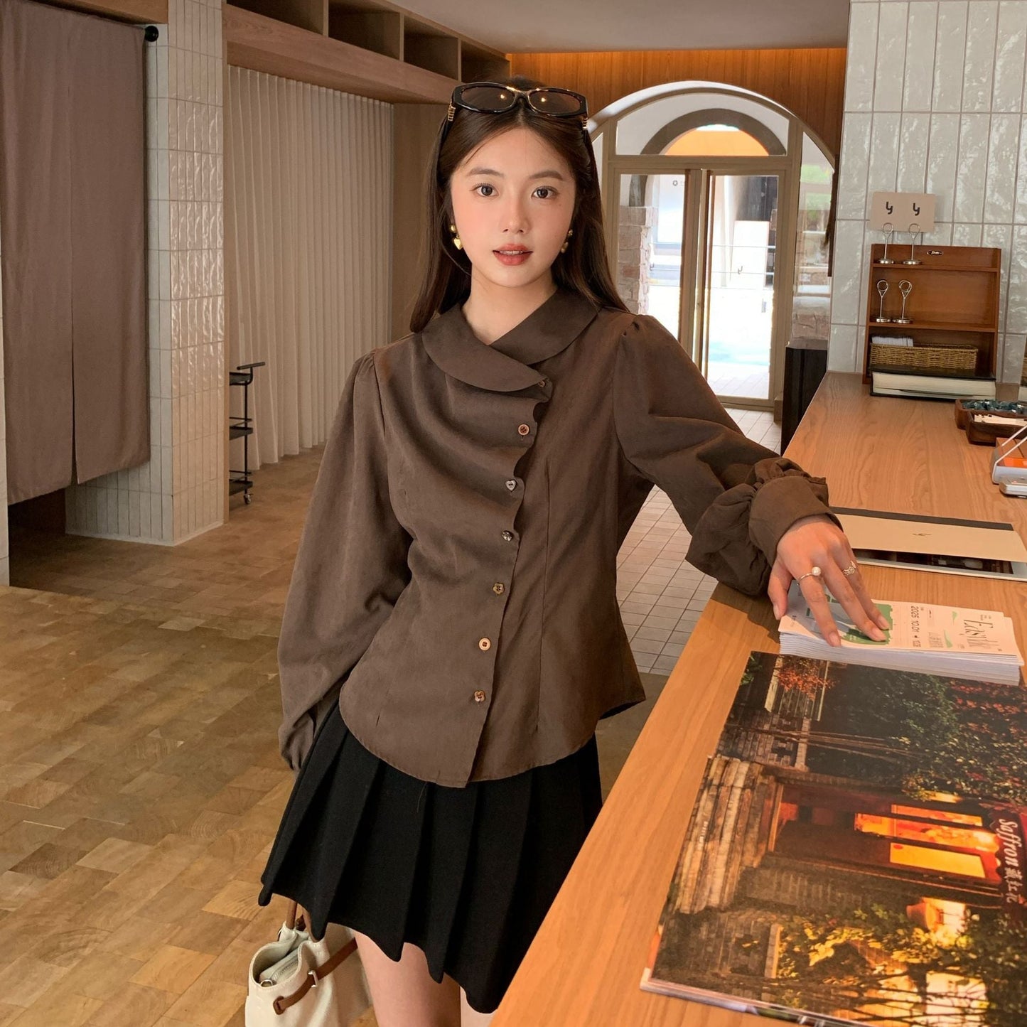 Irregular design waist lapel long-sleeved shirt