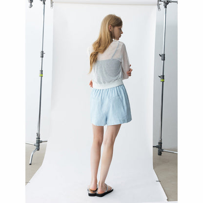 Summer new casual high waist pure linen drawstring solid color easy short casual pants