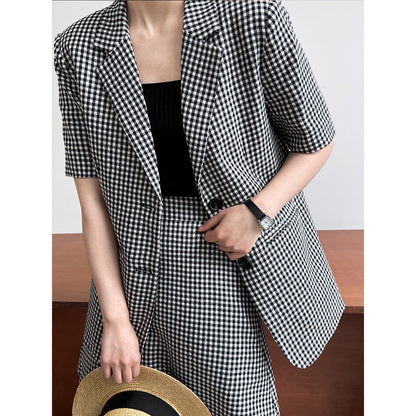 Plaid short-sleeve lightweight blazer + a-line skirt two-piece fashion commute set