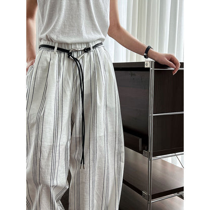 Cotton and linen old money wind striped elastic waist casual pants women's new summer models with belts lazy wide legs