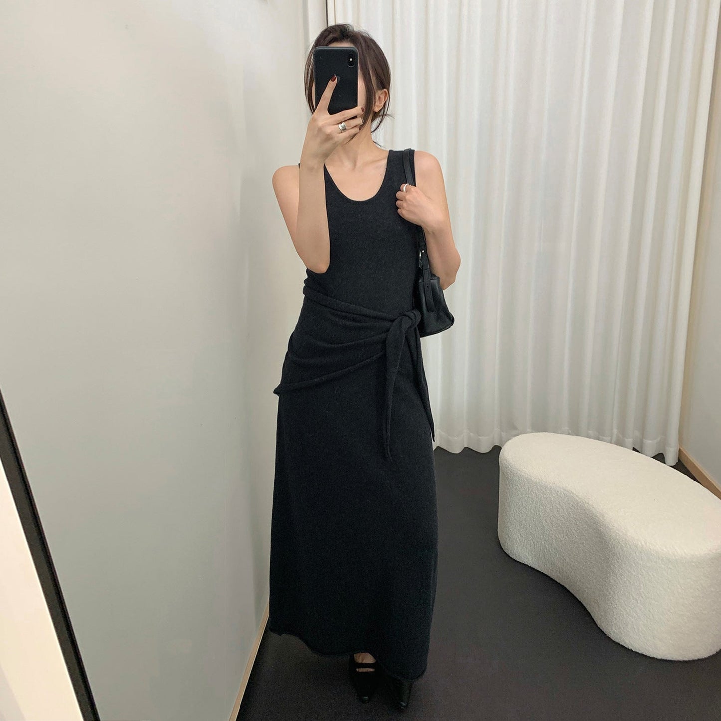 U-Neck Sleeveless Dress Women High Waist Wool Knit Maxi Two-Piece