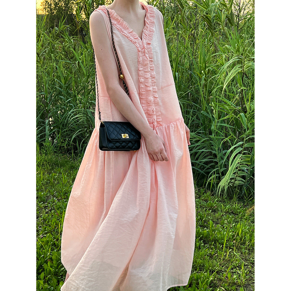 French clear fungus edge A word big swing dress women's summer sweet v-neck sleeveless dress