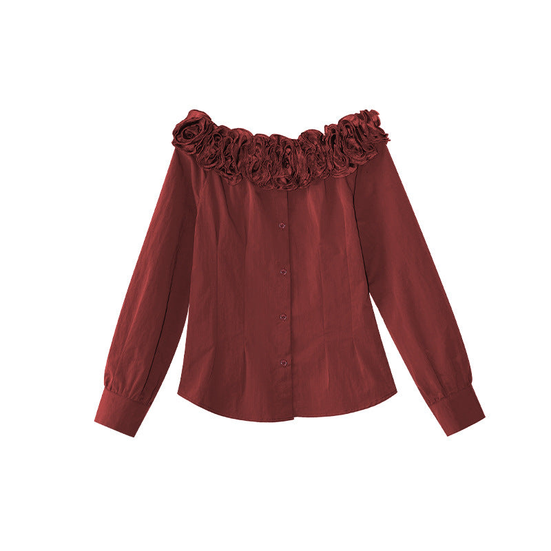 Heavy Industry Flower Pinch Pleated Waist Shoulder Shirt Women