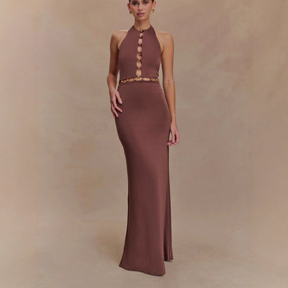 Fashion Splicing Beaded Neck Hip Wrap Skirt Backless Sexy Spice Girl Dress