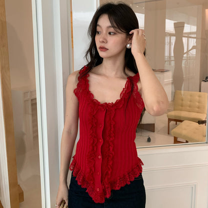 Xia Sweet and Spicy Elastic Slim Fit Lace Fungus Edge Suspender Sleeveless Vest