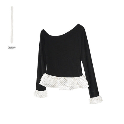 Pure desire sexy royal sister style slanted shoulders slim long-sleeved T-shirt