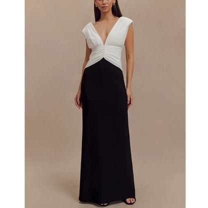 V-neck dress high-end celebrity style splicing temperament elegant long dress women's hip skirt