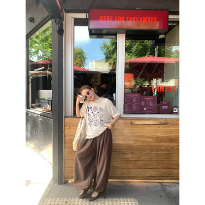 Age-reducing loose linen crew neck dropped shoulder short sleeve print T-shirt