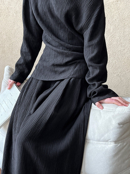 Lazy design asymmetrical one-shoulder waist pleated tops + loose pants women's spring two-piece set