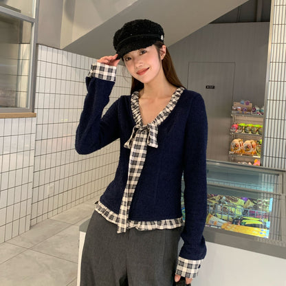 Sweet Bow Checked Ribbon Knitted Bottom Shirt
